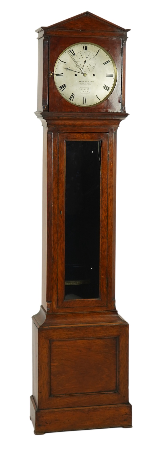 A mid 19th century oak eight day longcase regulator, circular silvered dial signed Thwaites & Reed, Clerkenwell, WTW 1848